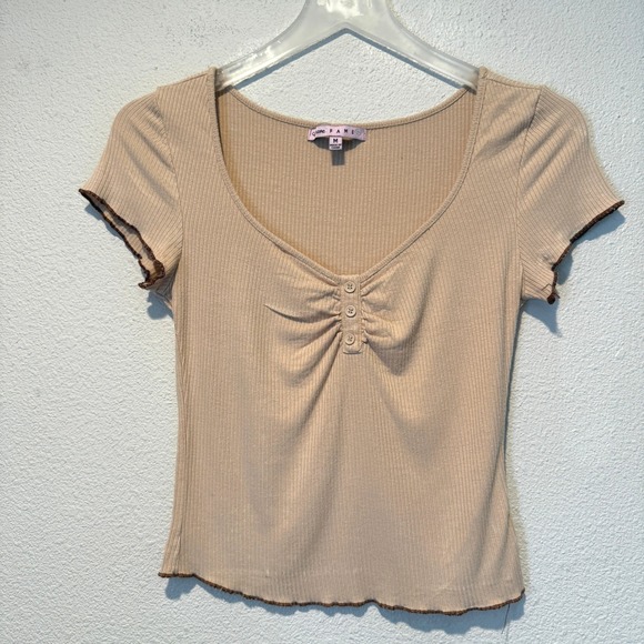 Crave Fame Tops - Crave Fame Tan Ribbed Lettuce Edge Scoop Neck Henley Ruched Short Sleeve Top M